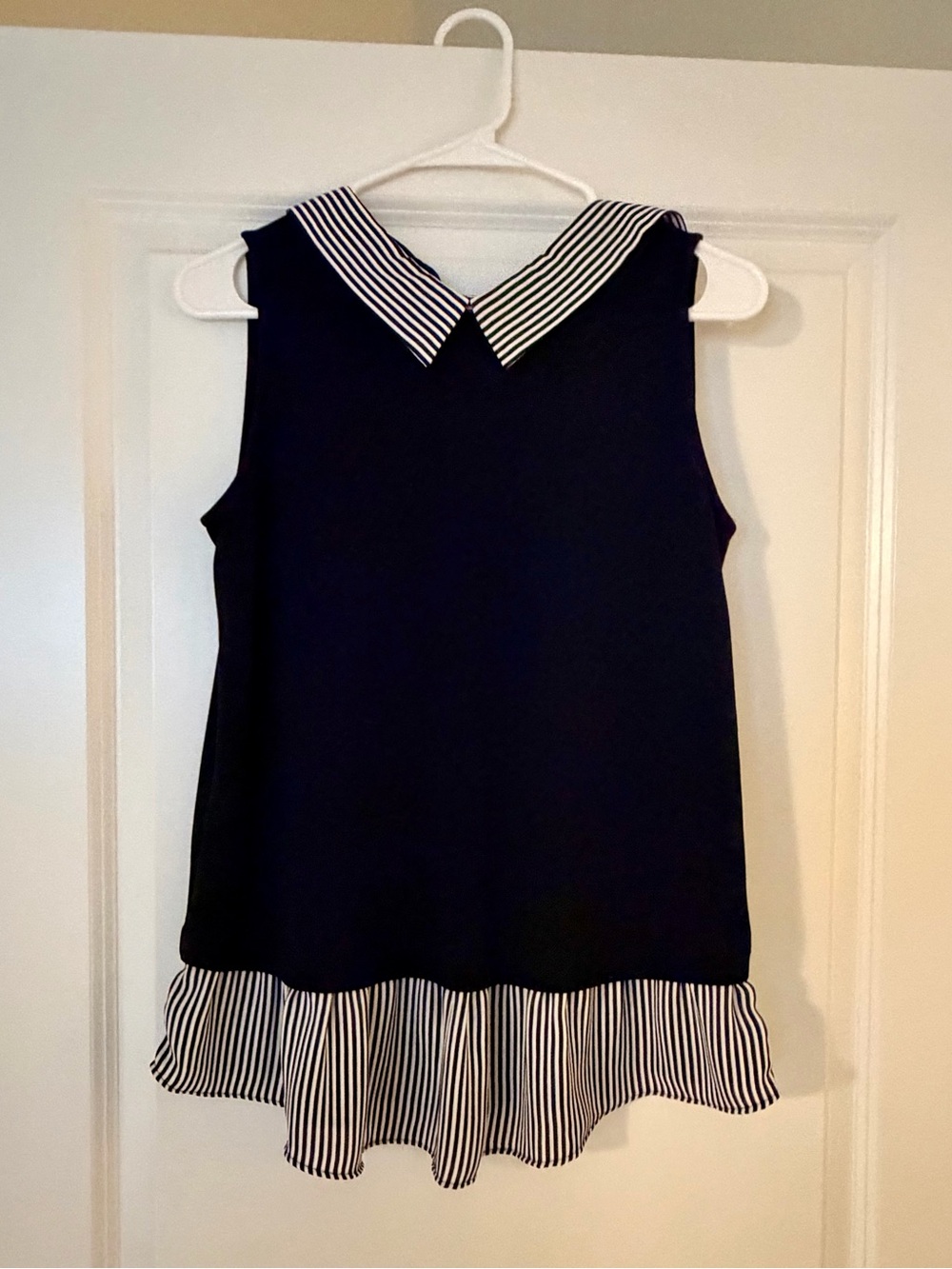 Loft Striped-Collar Navy Sleeveless Top with Ruffle Hem